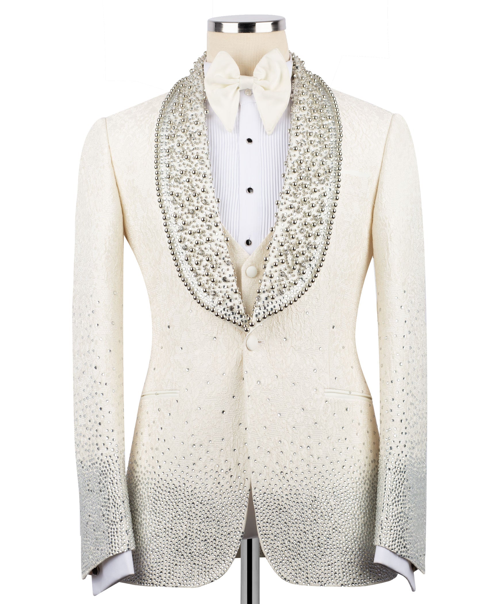 Ivory stone-embroidered tuxedo jacket with bow tie and satin trim, front view