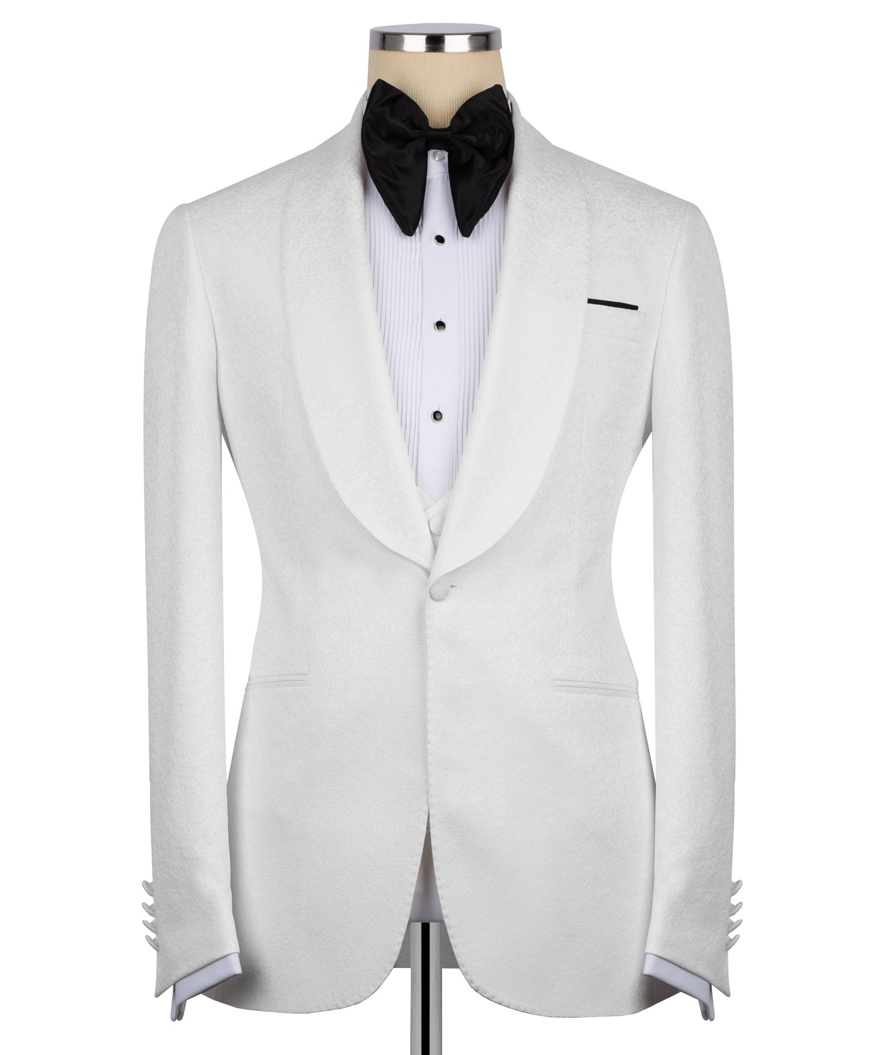 White tuxedo jacket front view with black bow tie over white vest buttons