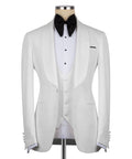 White tuxedo jacket with black bow tie and white vest, single-breasted button front