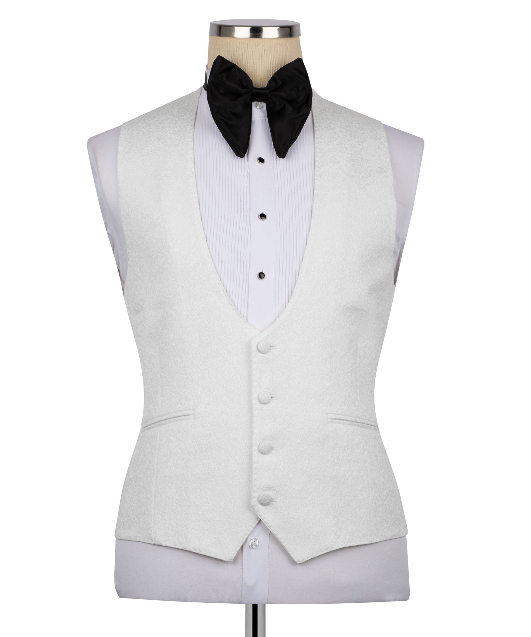 White vest with black bow tie, button front and curved neckline