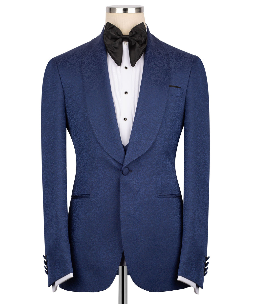 Navy tuxedo jacket front view with black bow tie and white striped shirt insert