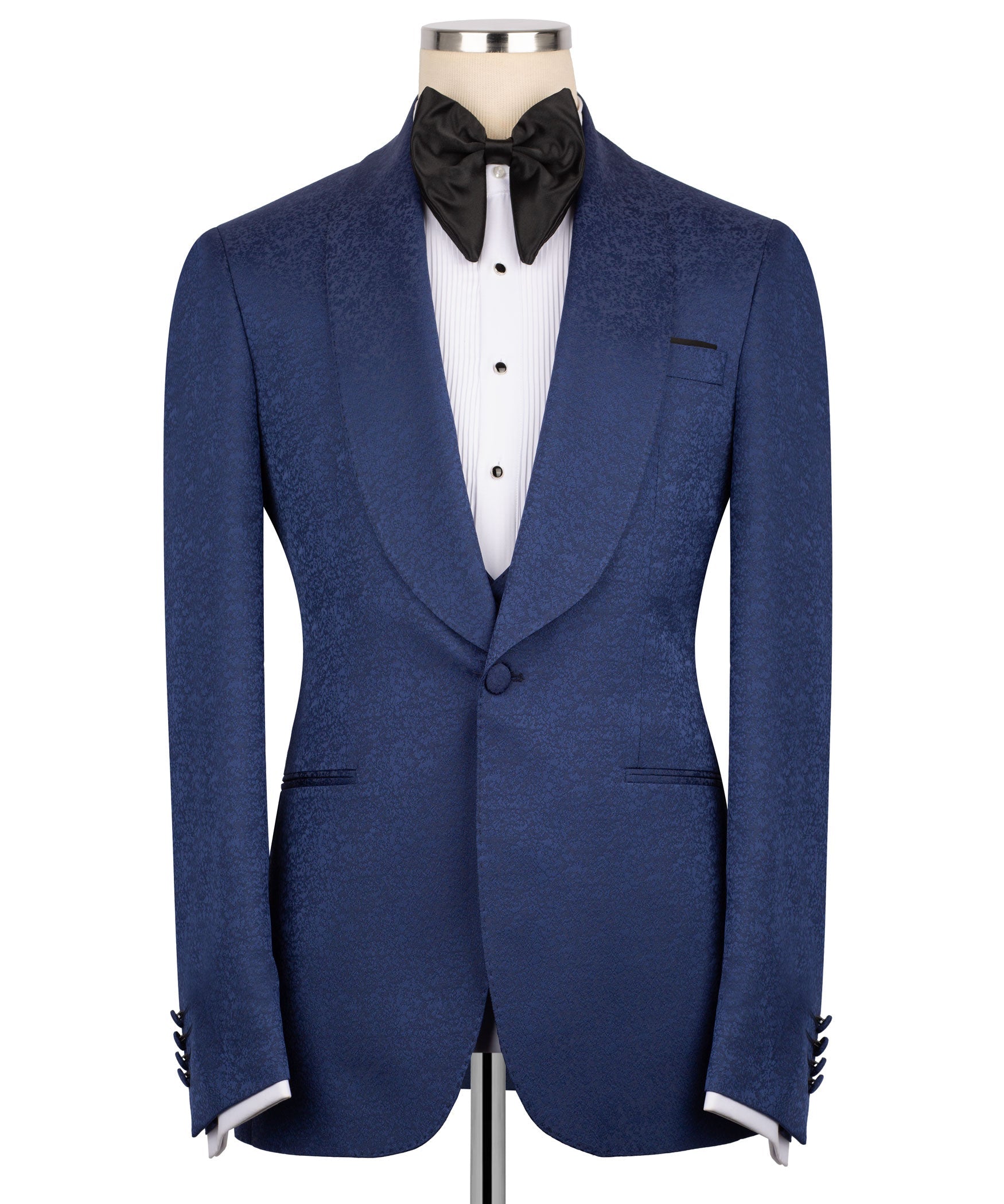 Navy tuxedo jacket front view with black bow tie and white striped shirt insert