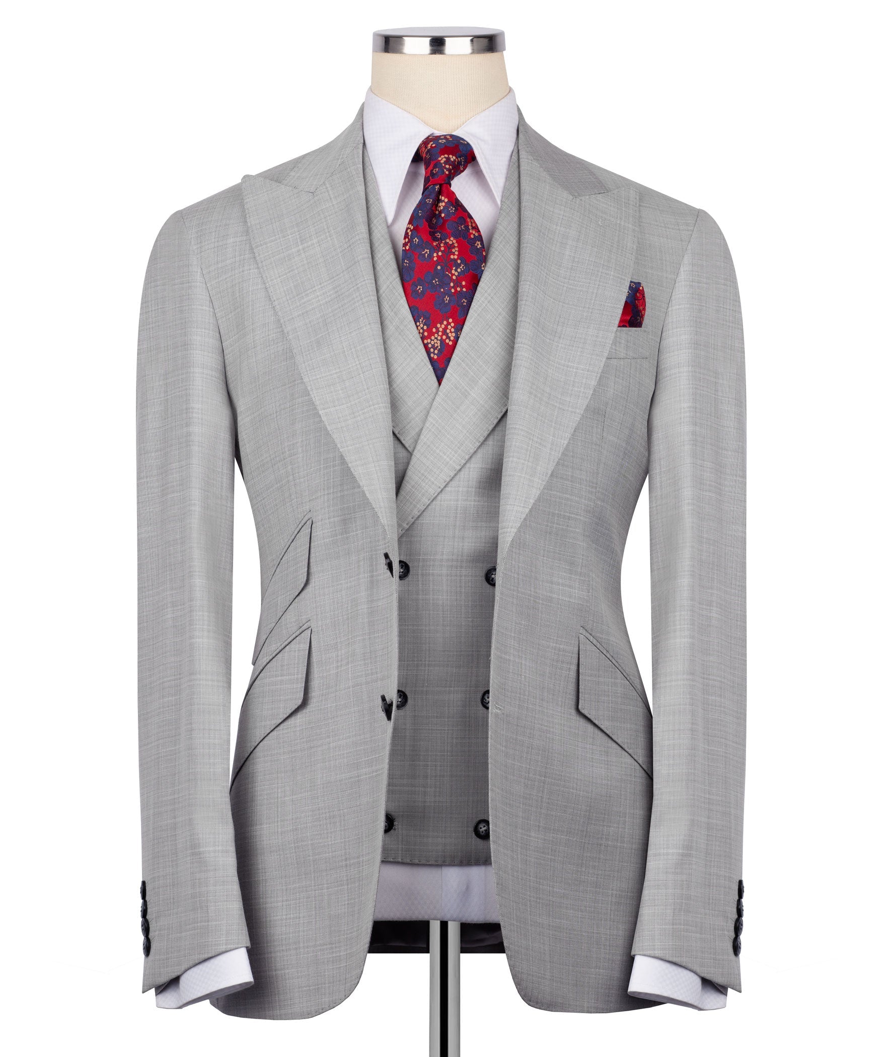 Grey check classic suit jacket with matching waistcoat and pocket square