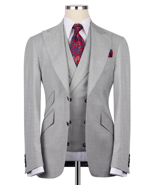 Grey check classic suit jacket with matching waistcoat and pocket square