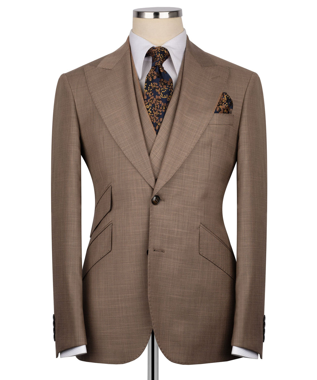 Taupe suit jacket front with notch lapels, matching vest, and patterned tie
