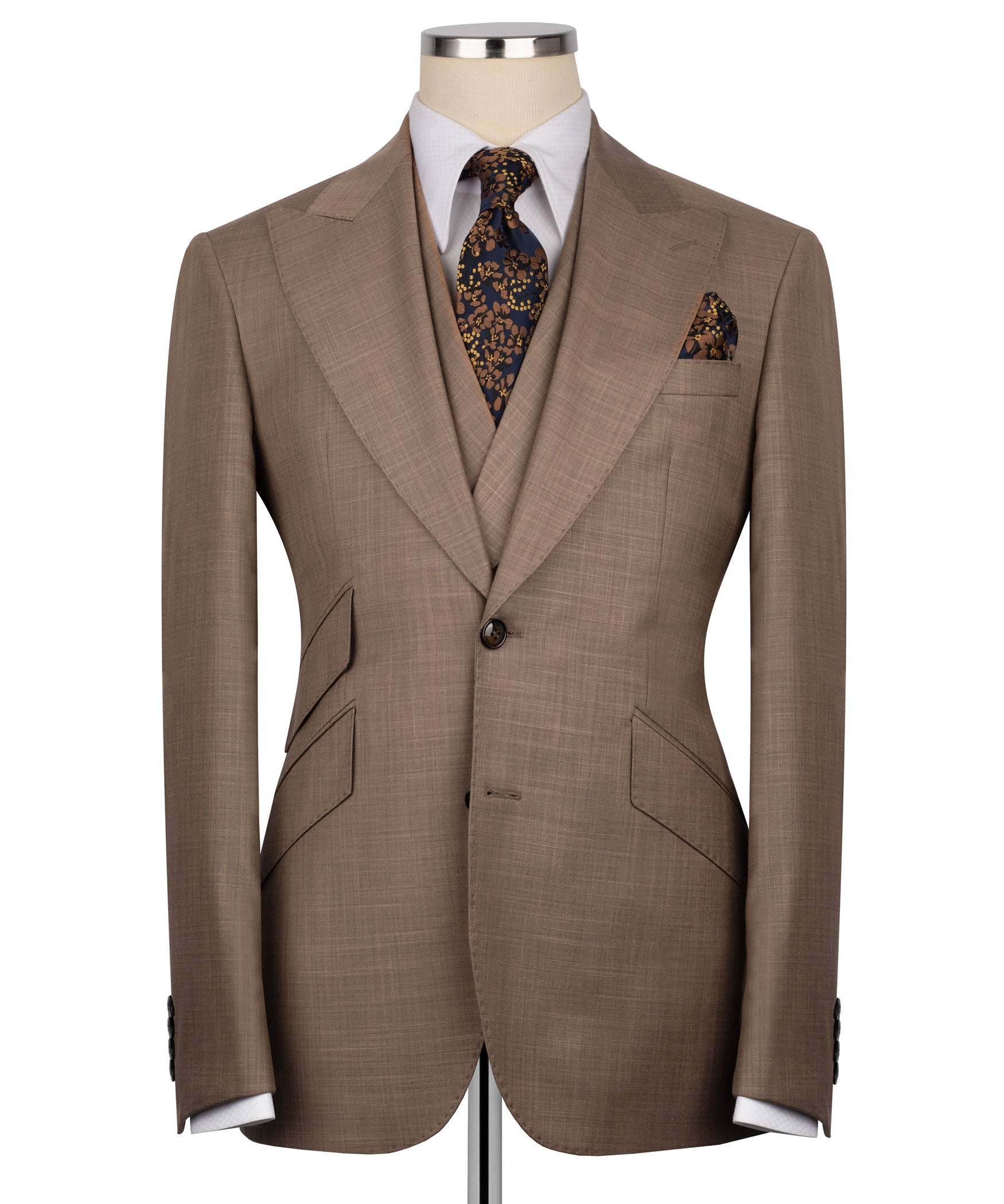 Taupe suit jacket front with notch lapels, matching vest, and patterned tie