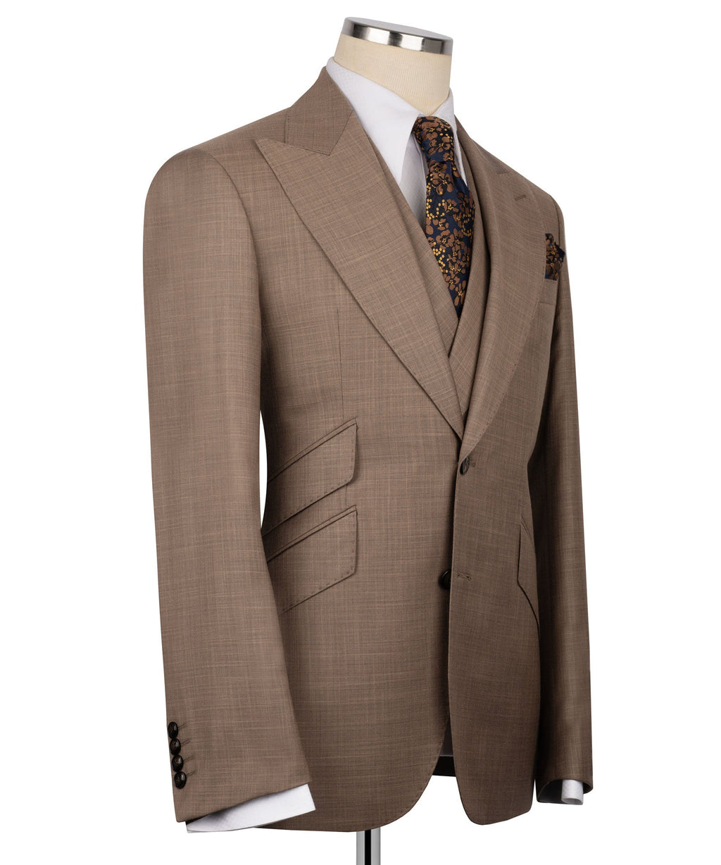 Taupe suit jacket side view with structured shoulder and matching vest