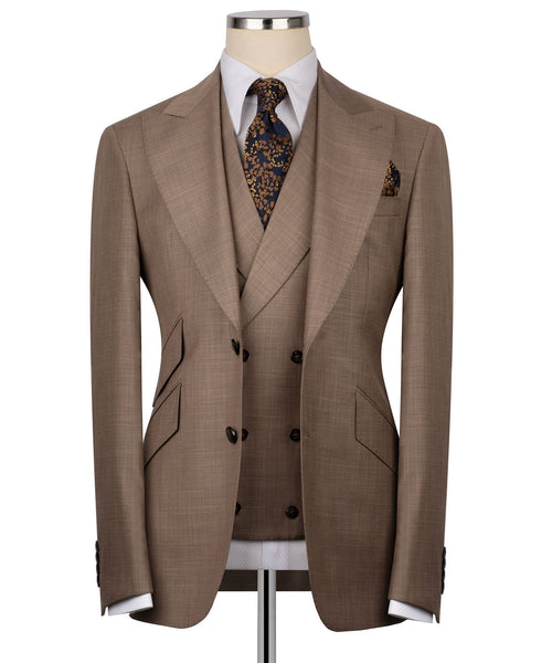 Classic 3-piece suit set in taupe: tailored jacket with vest and patterned tie