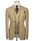 Light tan 3-piece vest suit set, with patterned tie and matching pocket square
