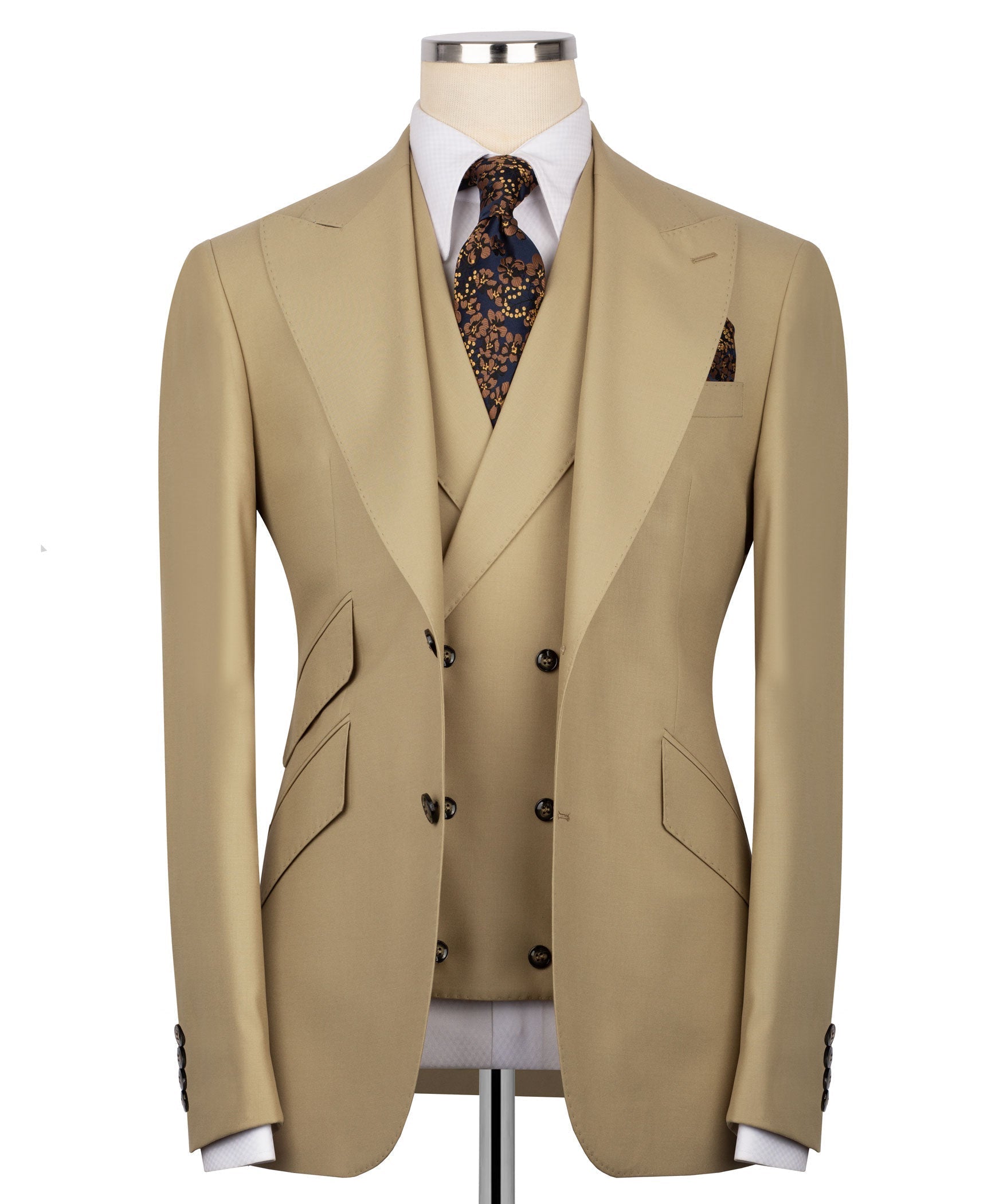 Light tan 3-piece vest suit set, with patterned tie and matching pocket square