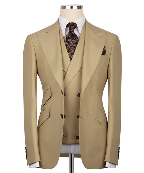Light tan 3-piece vest suit set, with patterned tie and matching pocket square