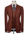 Brown 3-piece vest suit blazer with patterned tie and matching pocket square