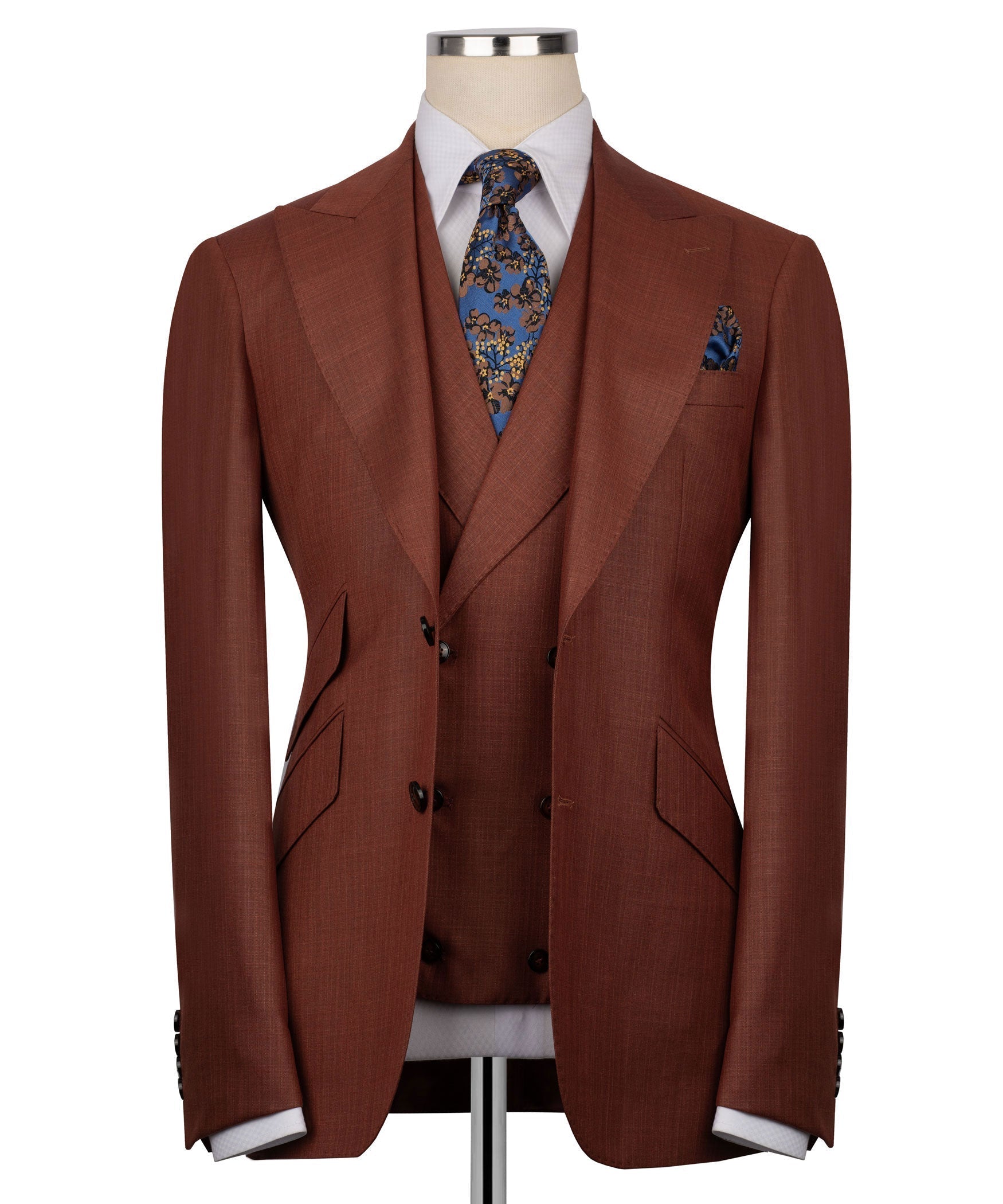 Brown 3-piece vest suit blazer with patterned tie and matching pocket square