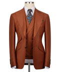 Rust-brown 3-piece vest suit set with matching waistcoat and patterned necktie