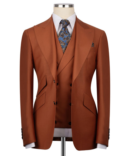 Rust-brown 3-piece vest suit set with matching waistcoat and patterned necktie