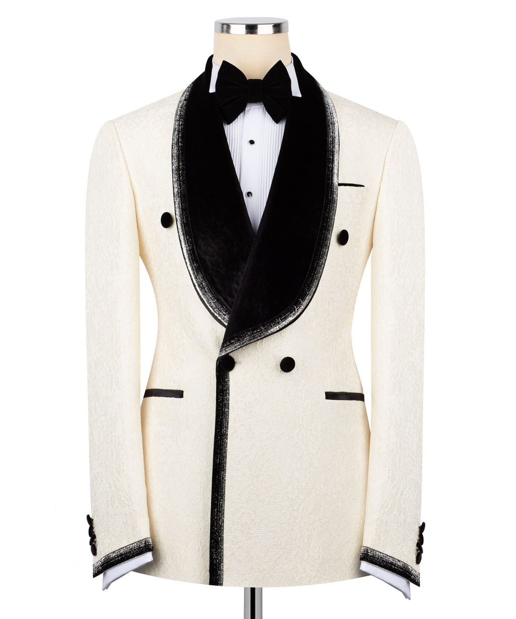Ivory tuxedo jacket with black velvet shawl collar, black satin trim, and bow tie