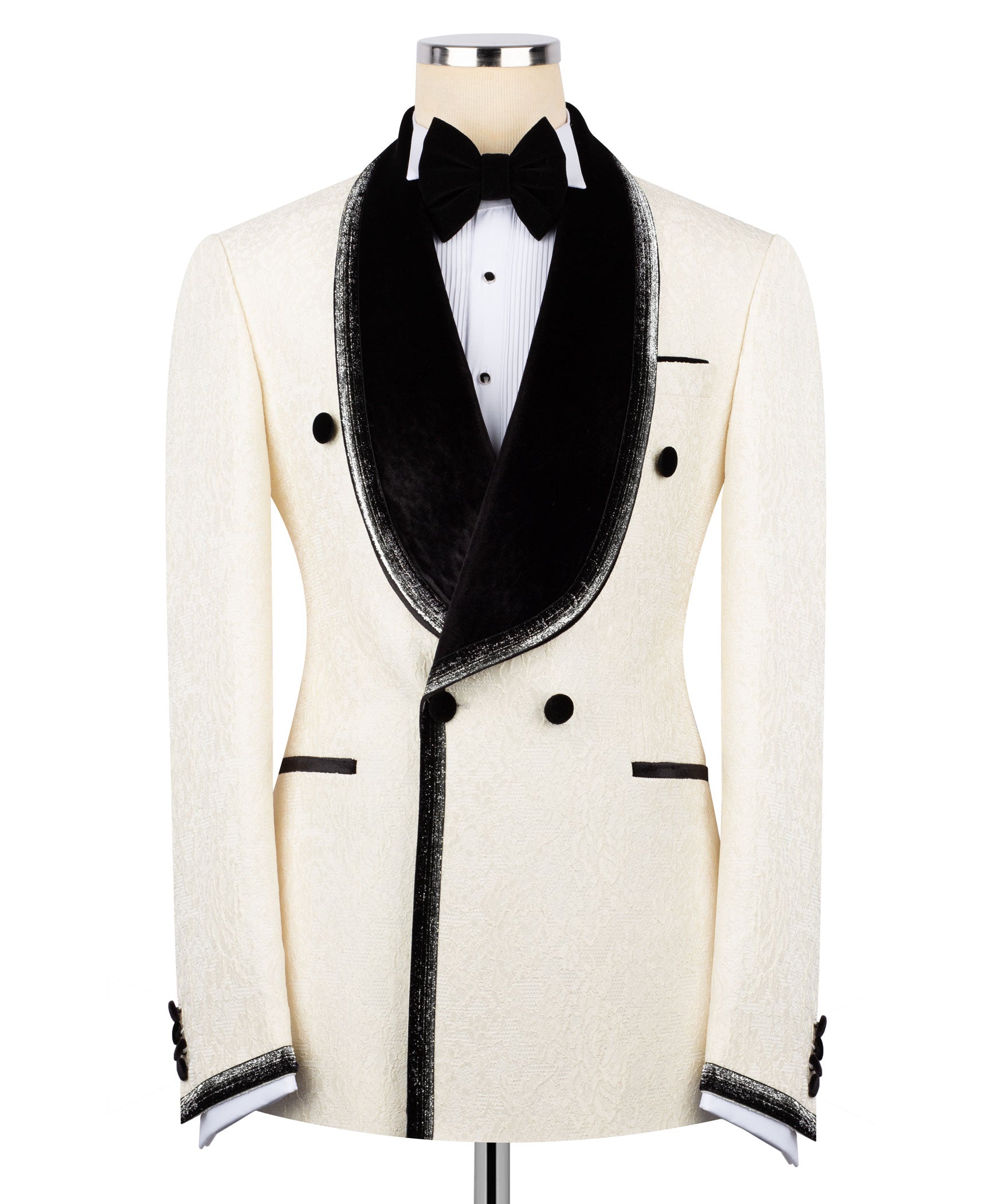 Ivory tuxedo jacket with black velvet shawl collar, black satin trim, and bow tie