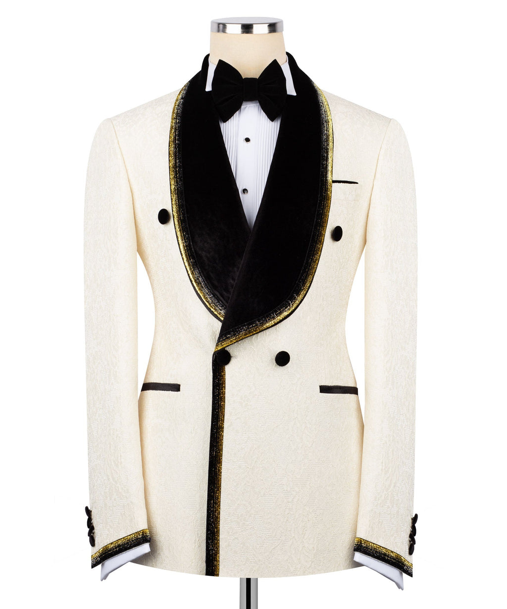 Ivory tuxedo jacket with black velvet embroidered lapels, gold trim, bow tie, white shirt