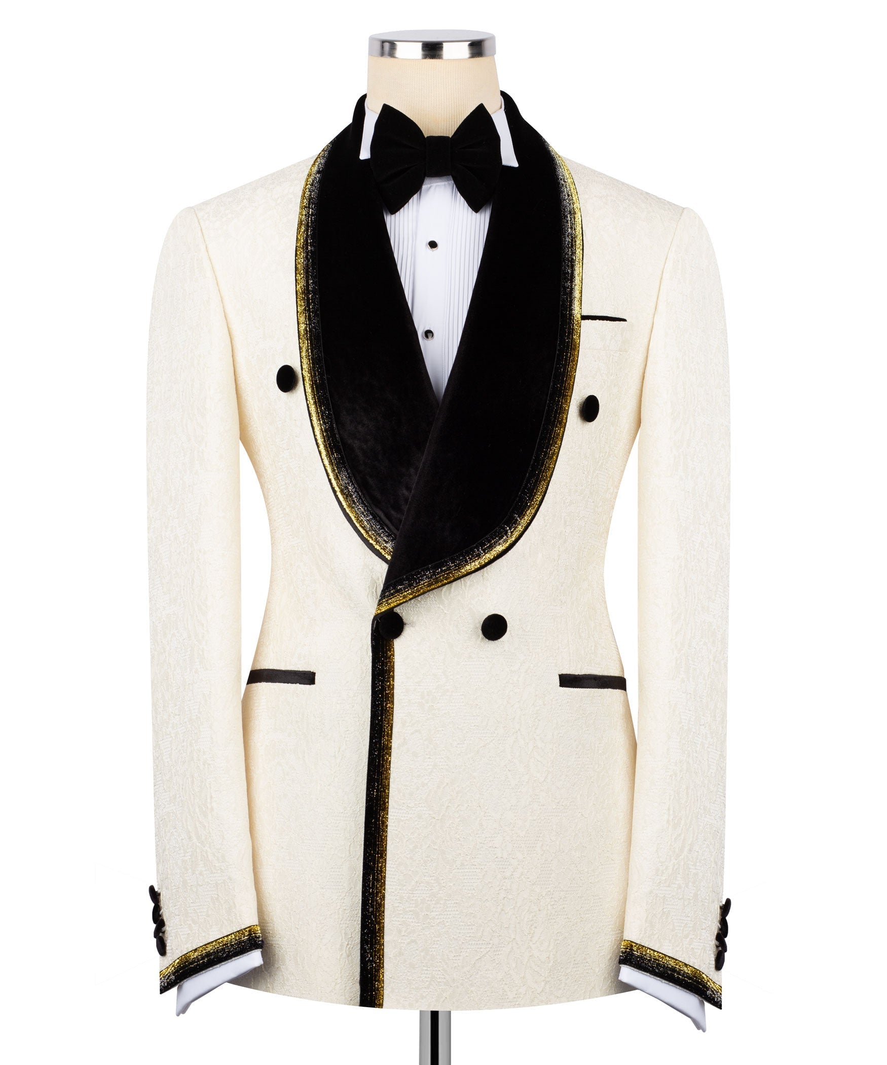 Ivory tuxedo jacket with black velvet embroidered lapels, gold trim, bow tie, white shirt