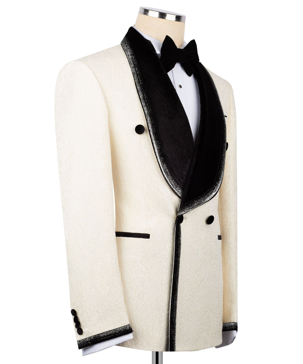 Side view: ivory tuxedo jacket with black velvet shawl collar and satin-edged trim