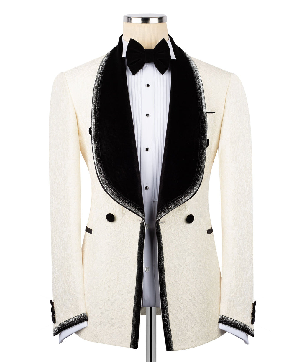 Front view of ivory tuxedo jacket with black velvet shawl collar and bow tie