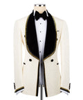 Ivory tuxedo jacket front with black velvet embroidered collar, gold trim, bow tie, tux shirt