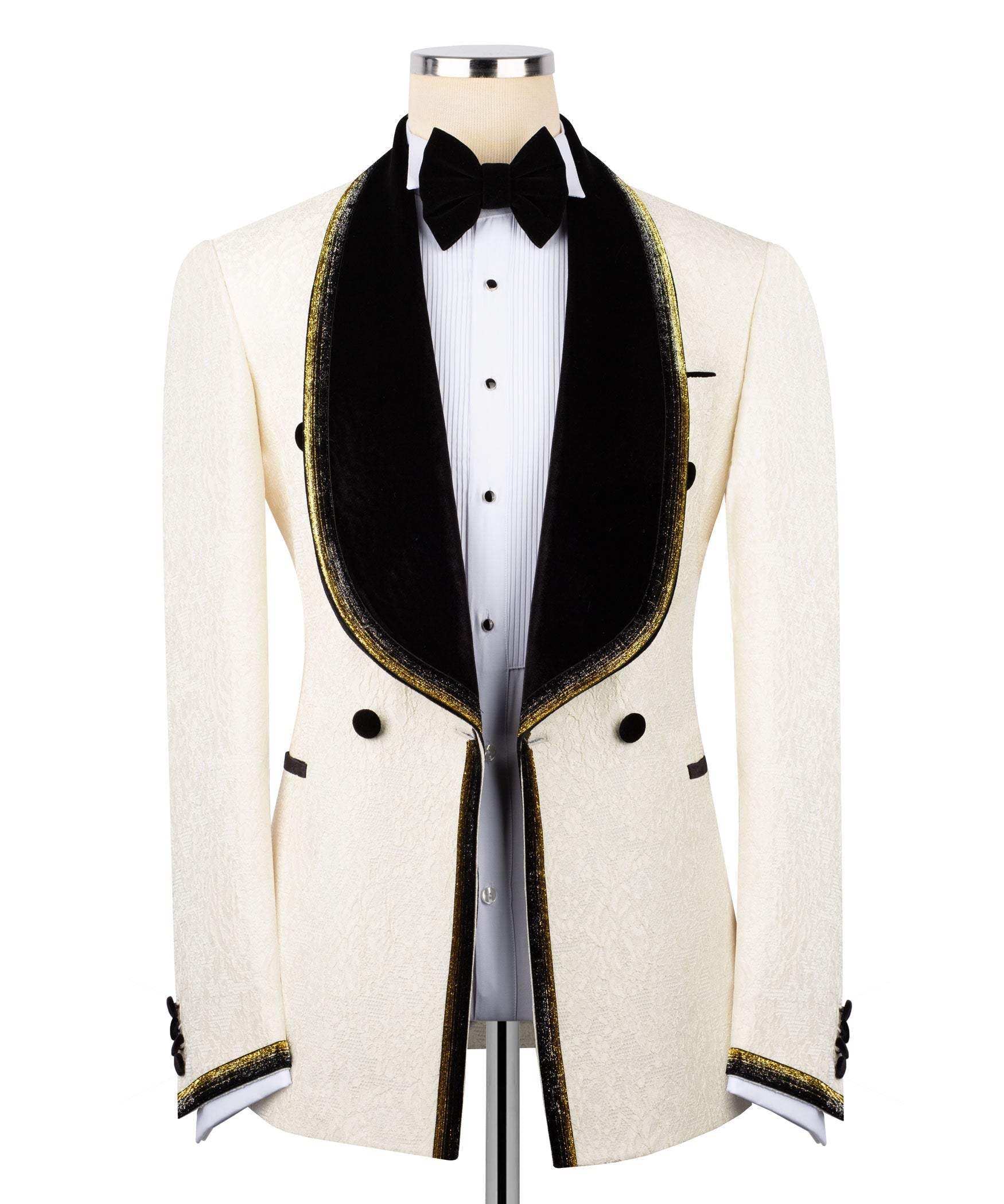 Ivory tuxedo jacket front with black velvet embroidered collar, gold trim, bow tie, tux shirt