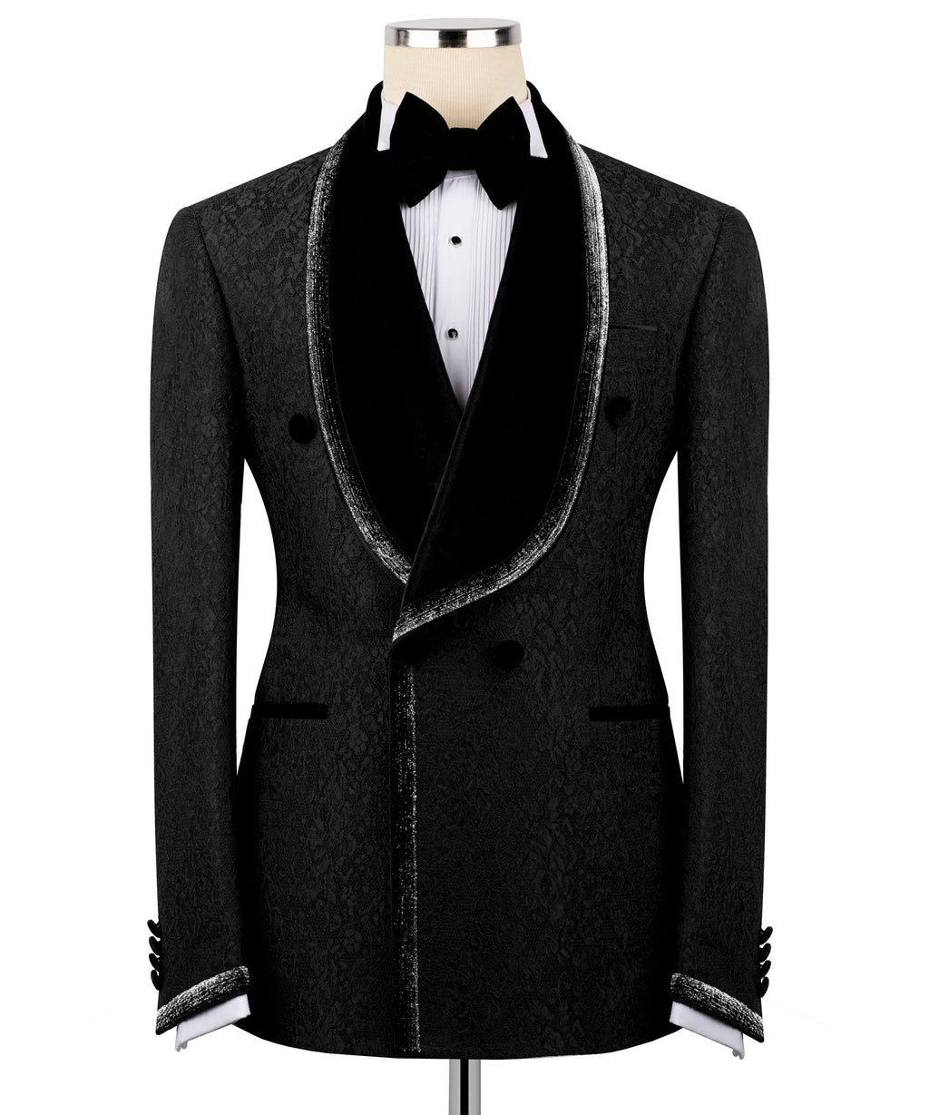 Black tuxedo jacket with velvet embroidered collar and satin trim lapels