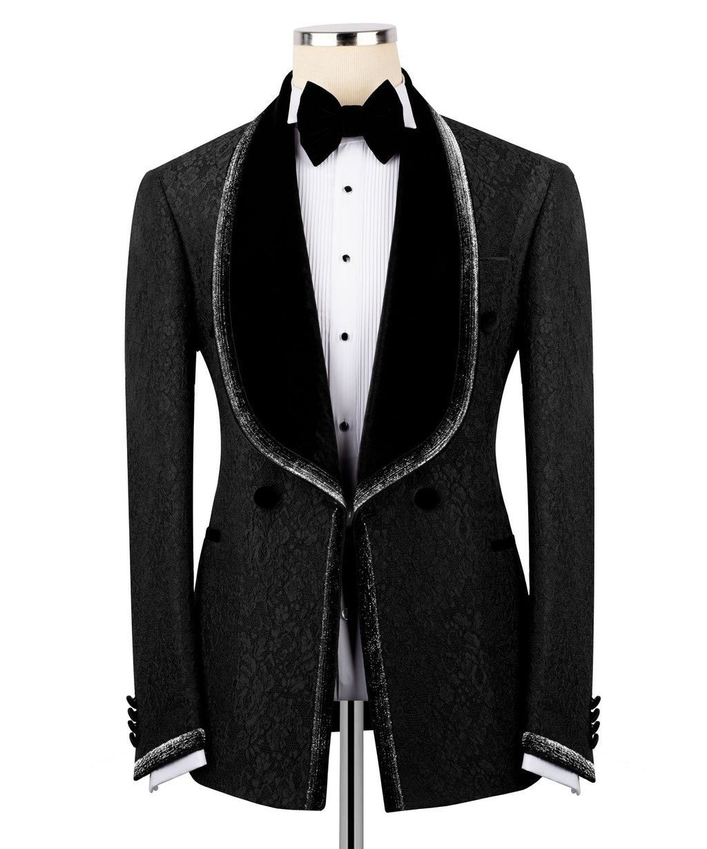 Black tuxedo jacket with velvet embroidered collar and buttoned vest front