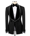 Black tuxedo jacket with velvet embroidered collar and buttoned vest front