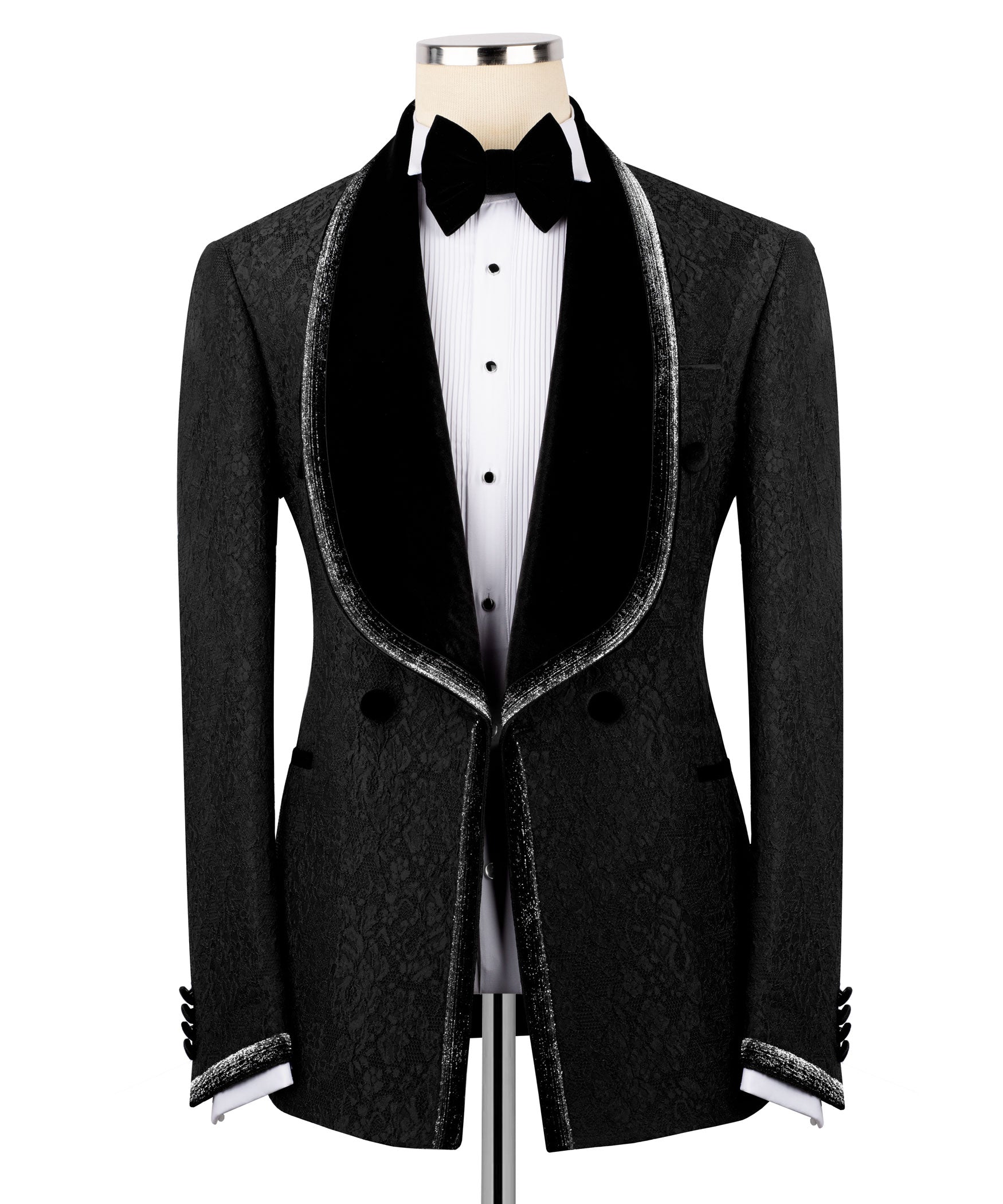 Black tuxedo jacket with velvet embroidered collar and buttoned vest front