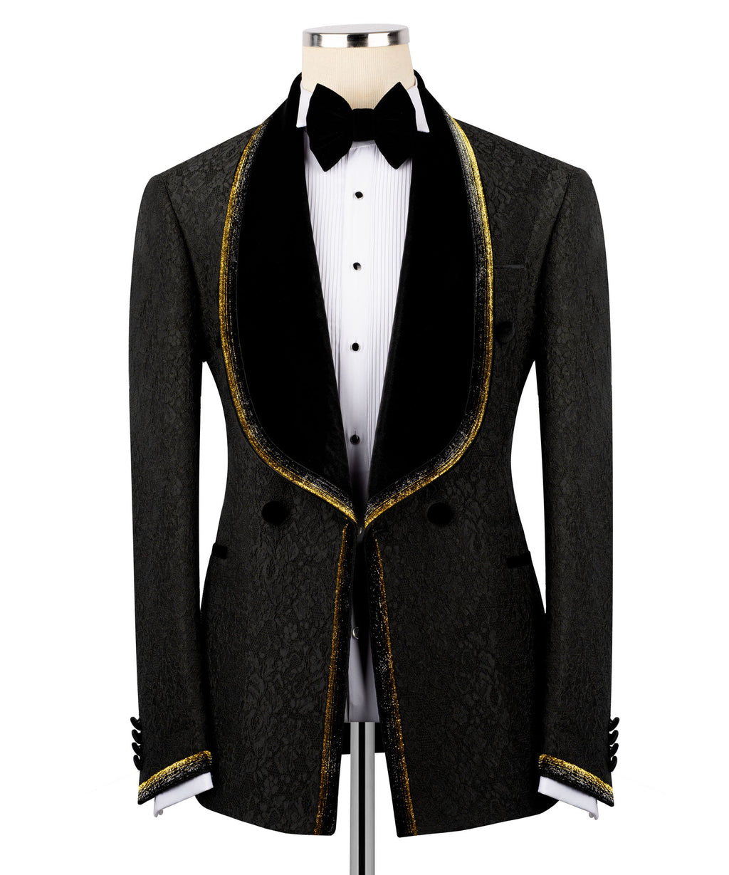 Black velvet tuxedo 2-piece set with gold-trimmed collar, black bow tie, waistcoat