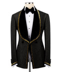 Black velvet tuxedo 2-piece set with gold-trimmed collar, black bow tie, waistcoat