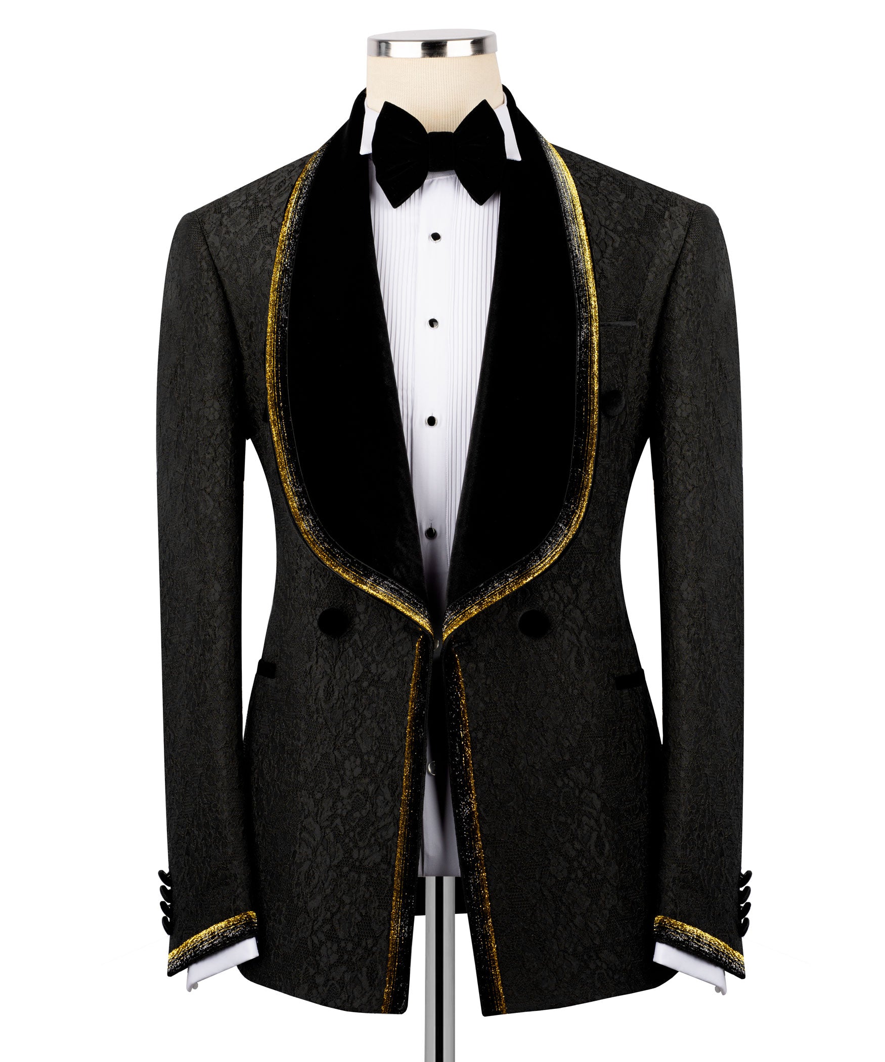 Black velvet tuxedo 2-piece set with gold-trimmed collar, black bow tie, waistcoat