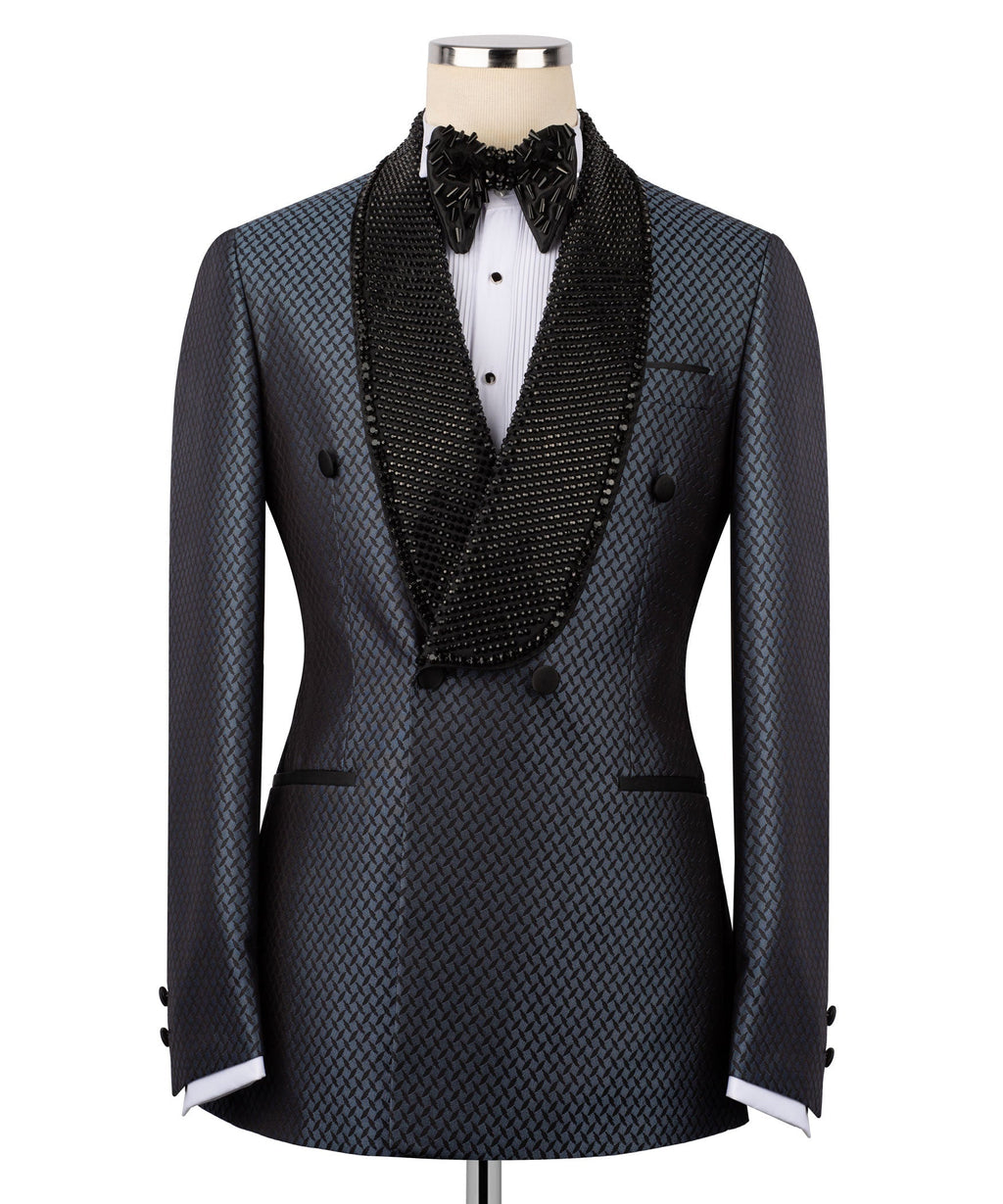 Dark blue double-breasted tuxedo jacket with black beaded embroidered shawl lapels