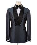 Dark blue double-breasted tuxedo jacket with black beaded embroidered shawl lapels