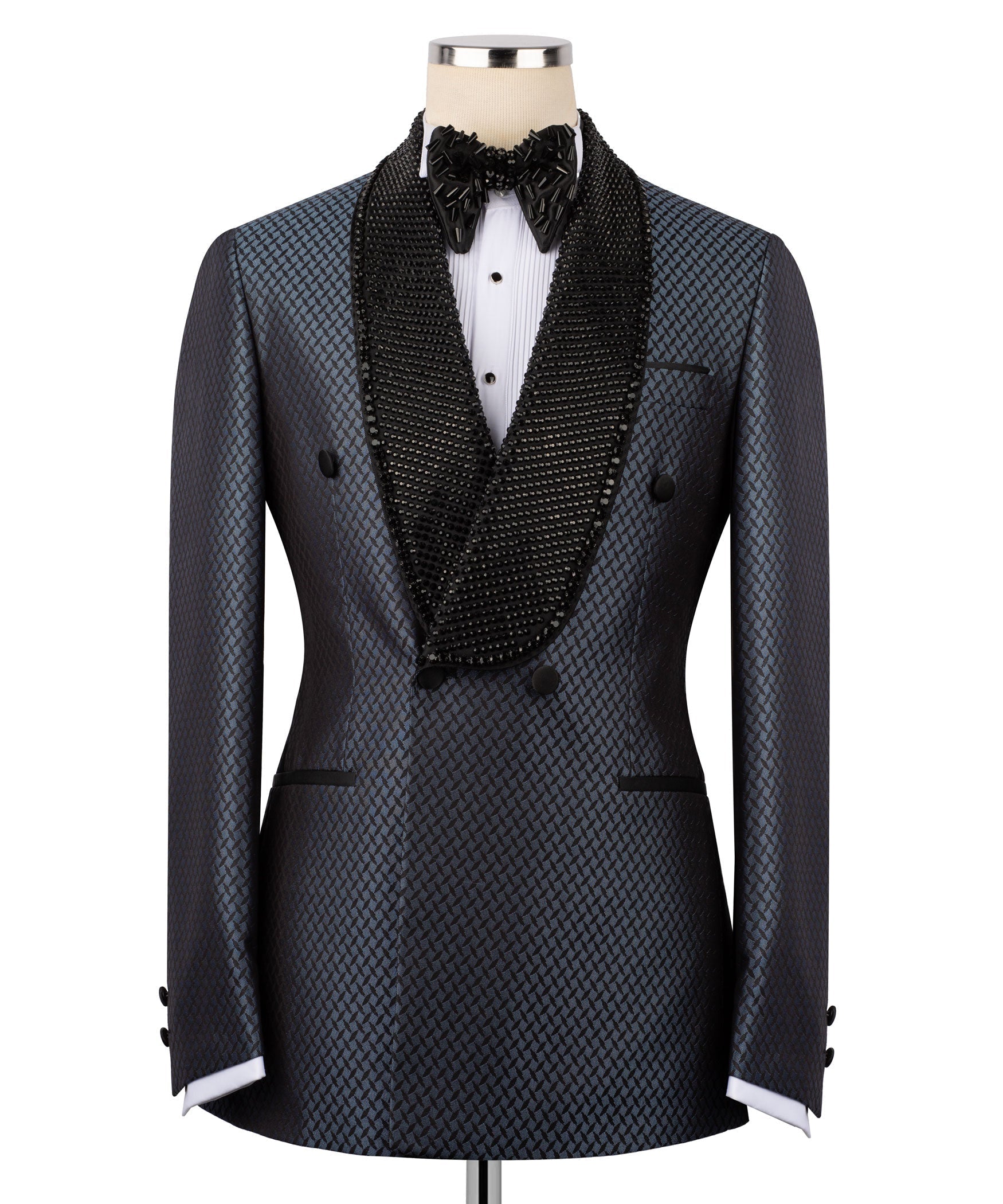 Dark blue double-breasted tuxedo jacket with black beaded embroidered shawl lapels
