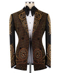 Front view: black tuxedo jacket with gold embroidery and bow tie over white shirt