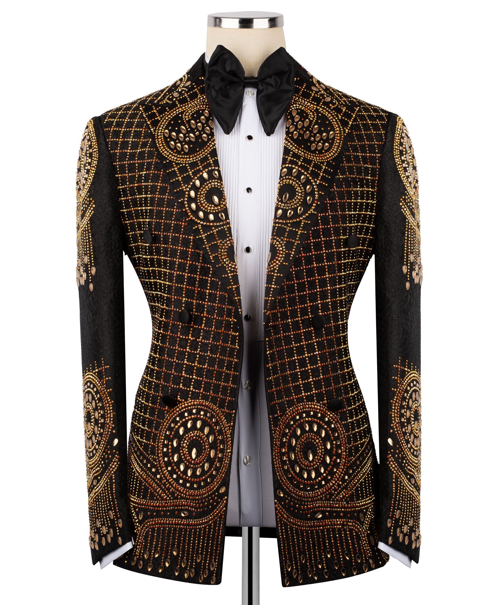 Front view: black tuxedo jacket with gold embroidery and bow tie over white shirt