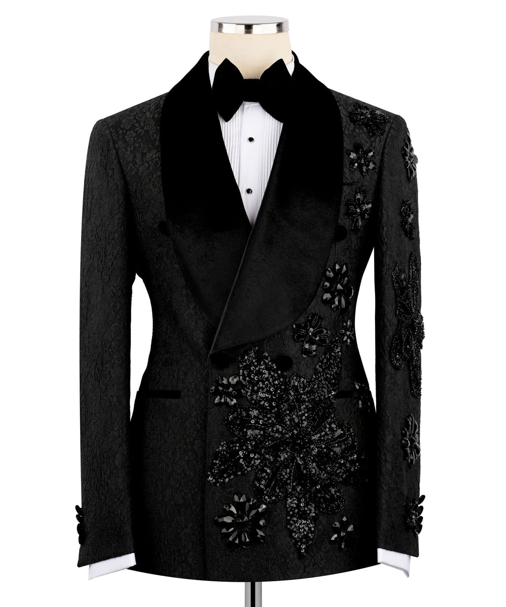 Black tuxedo jacket with satin bow tie and white shirt; floral hand-embroidery