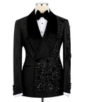 Black tuxedo jacket with satin bow tie and white shirt; floral hand-embroidery