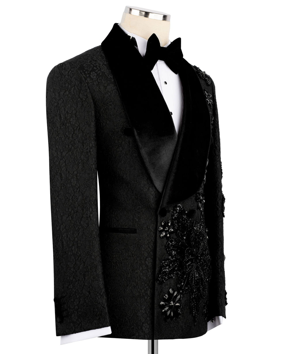Black tuxedo jacket front view with satin lapel and embroidered pocket panel