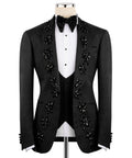 Black hand-embroidered tuxedo jacket with floral embellishment and satin peak lapels