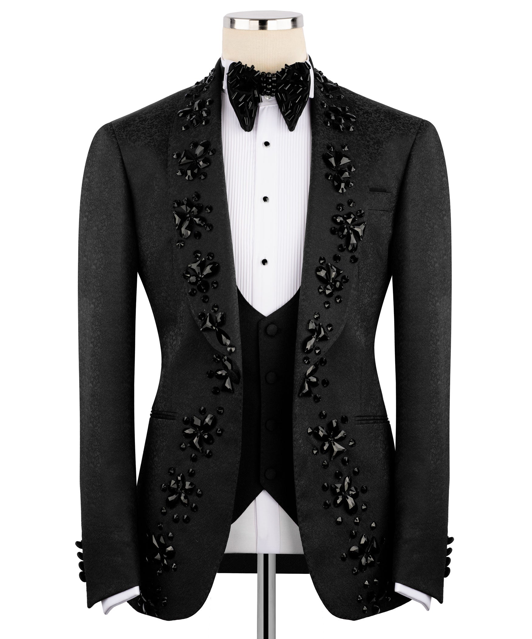Black hand-embroidered tuxedo jacket with floral embellishment and satin peak lapels