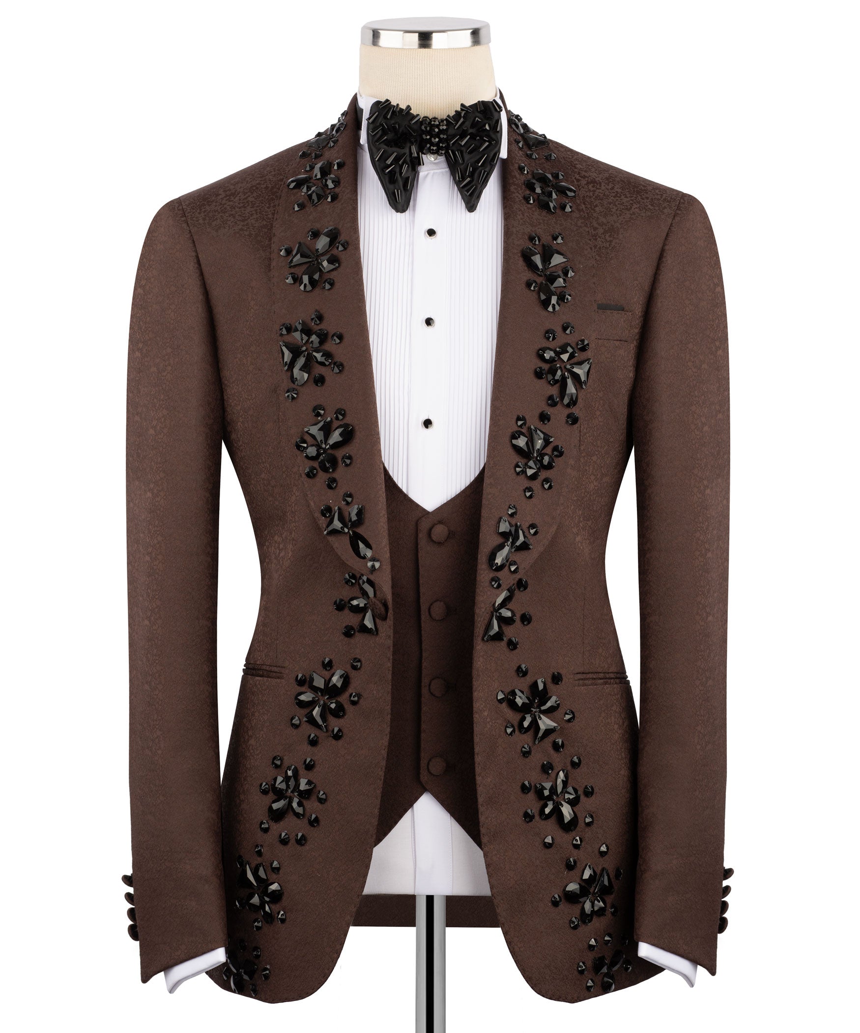 Brown tuxedo jacket with black floral bead embroidery; white shirt and waistcoat