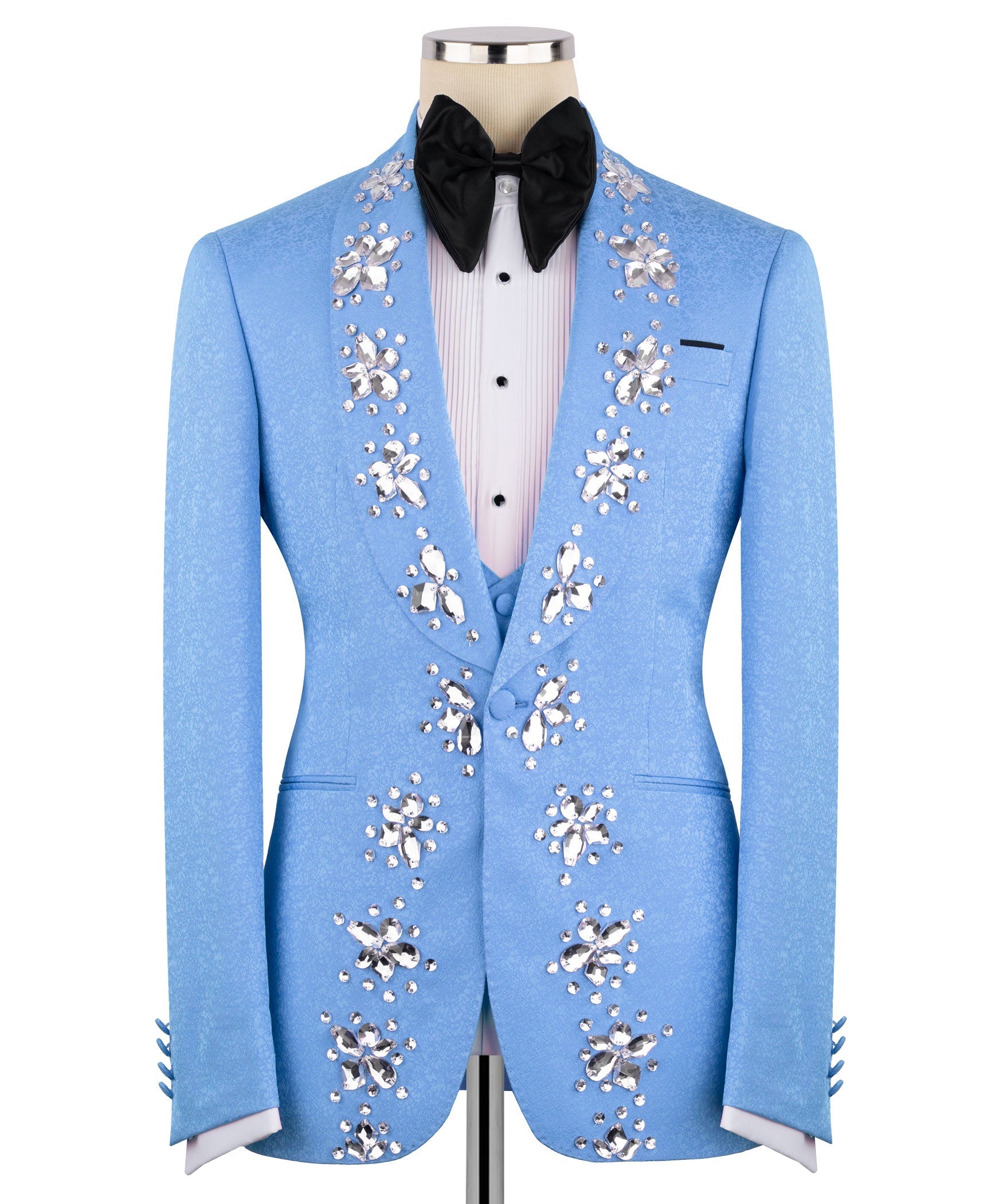 Light blue three-piece tuxedo jacket front with jeweled panels; black bow tie and shirt