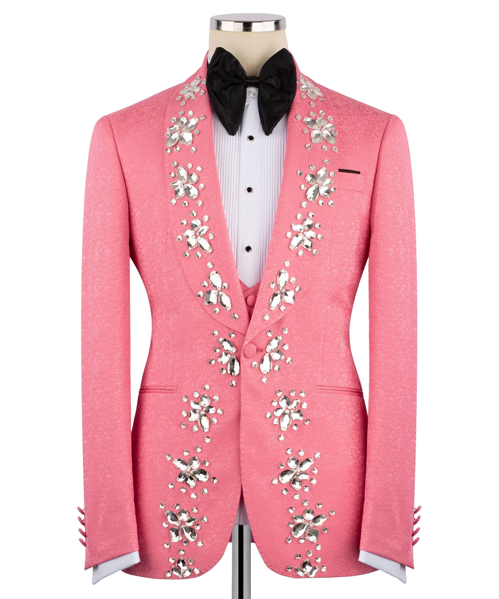 Pink tuxedo jacket front view with crystal beaded panels and black bow tie