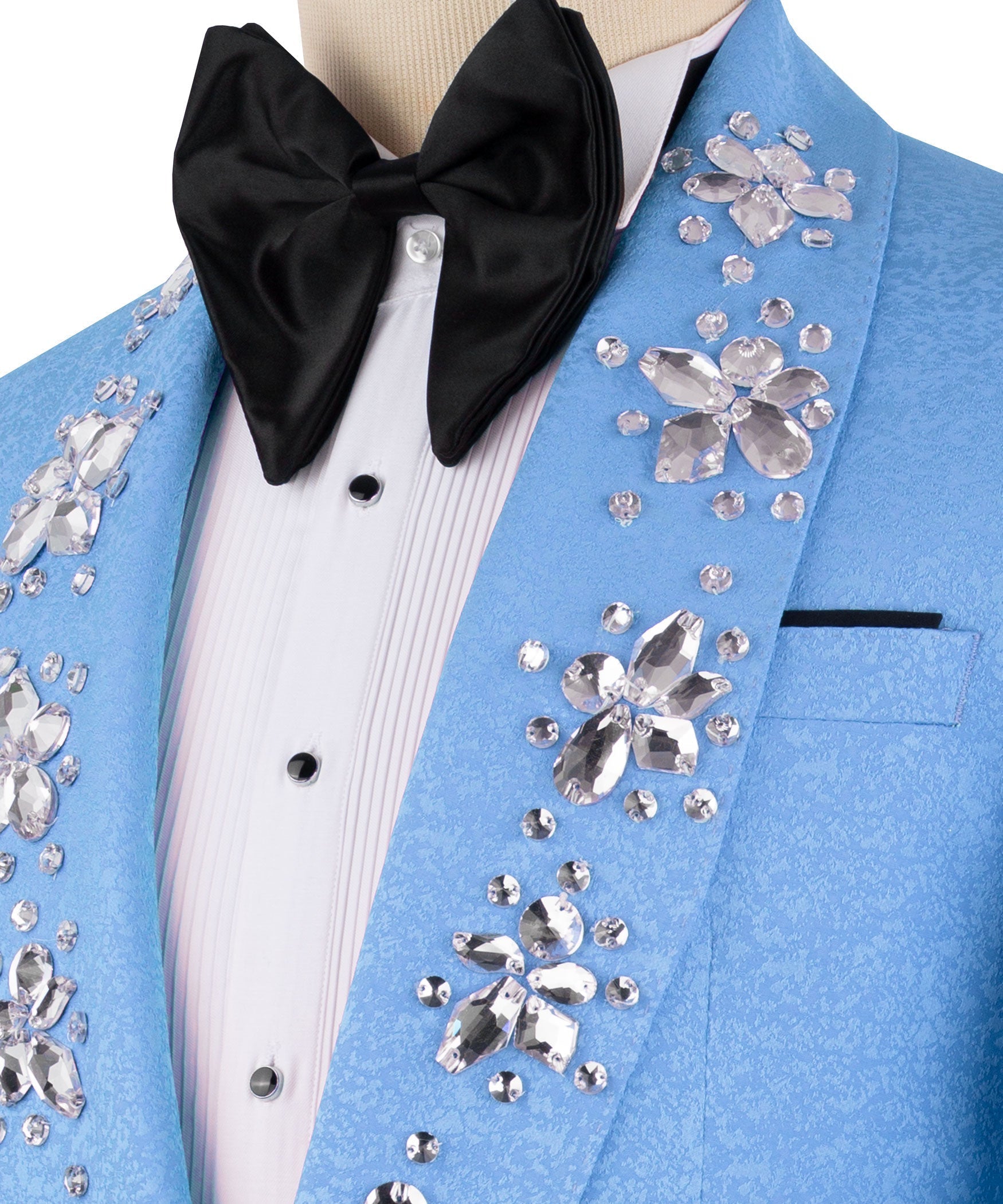 Close-up: black bow tie and light blue lapel with silver crystal embroidery