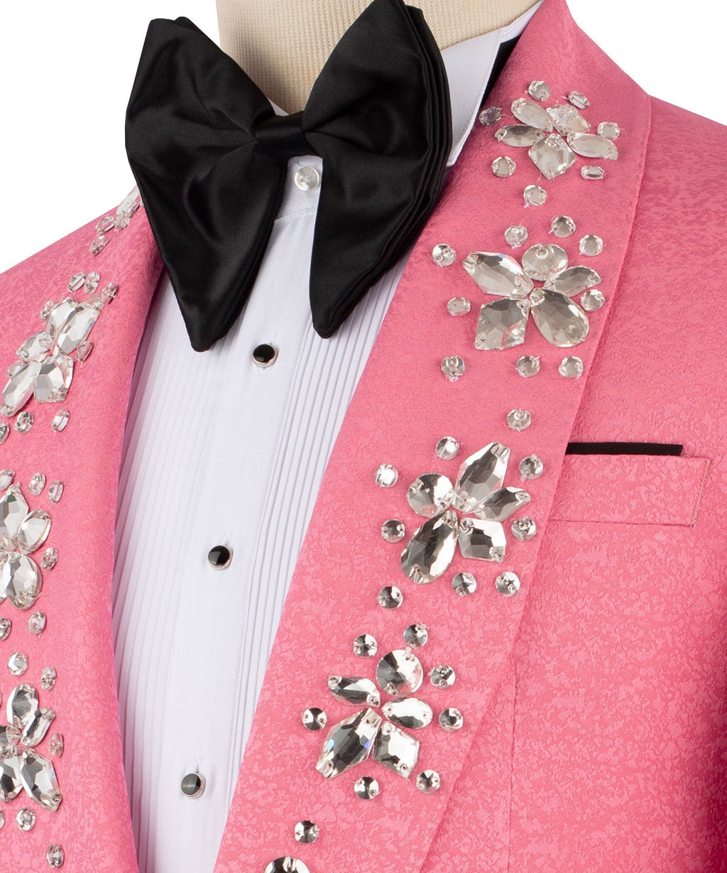 Close-up: black bow tie and pink tuxedo lapels with rhinestone hand embroidery