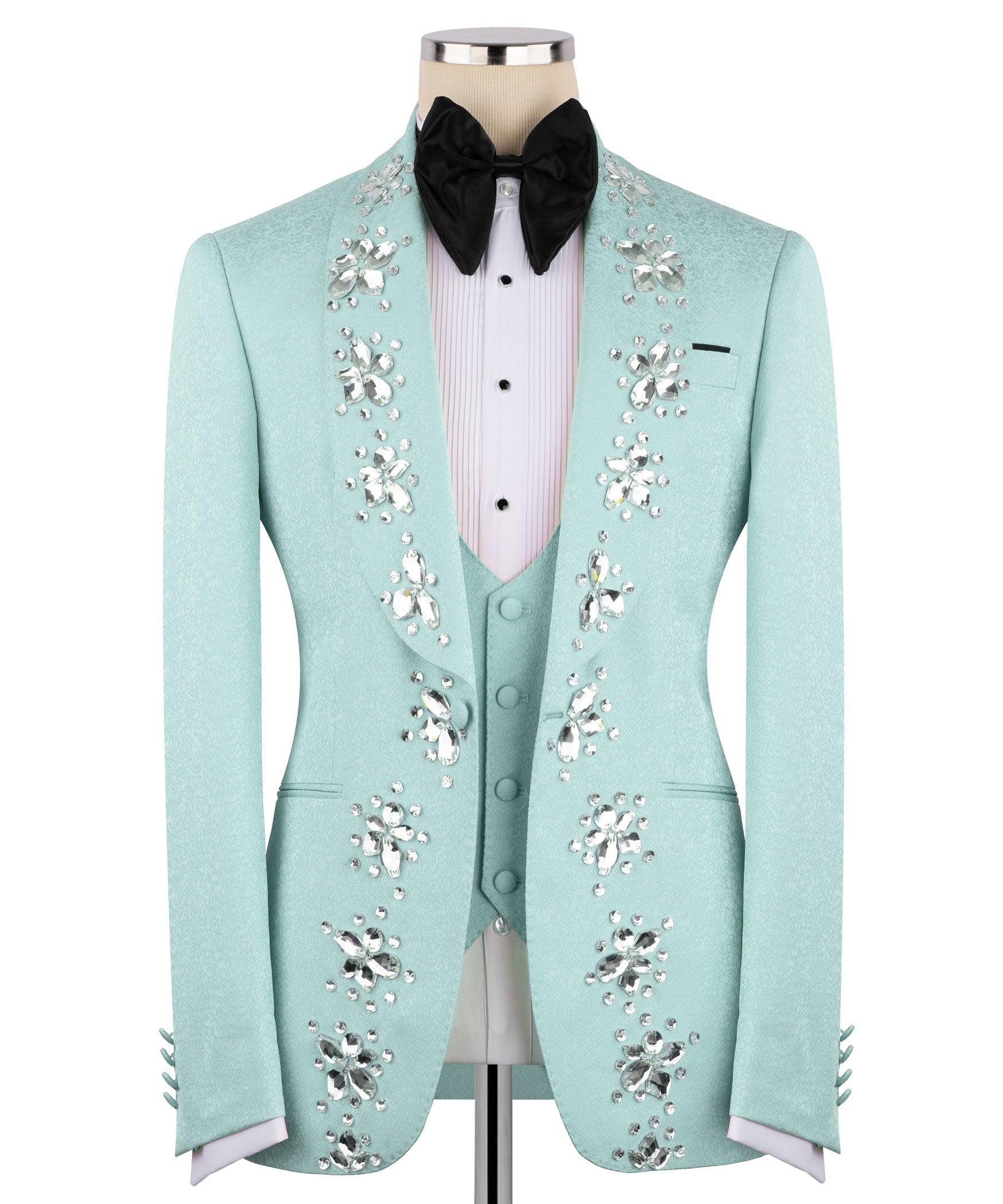 Teal tuxedo jacket with silver stone embroidery and black satin bow tie